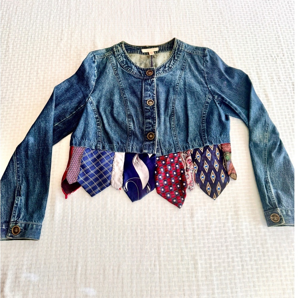 Upcycled Patchwork Denim Jacket Silk Tie Hem Art to Wear Boho Artisanal Size 12